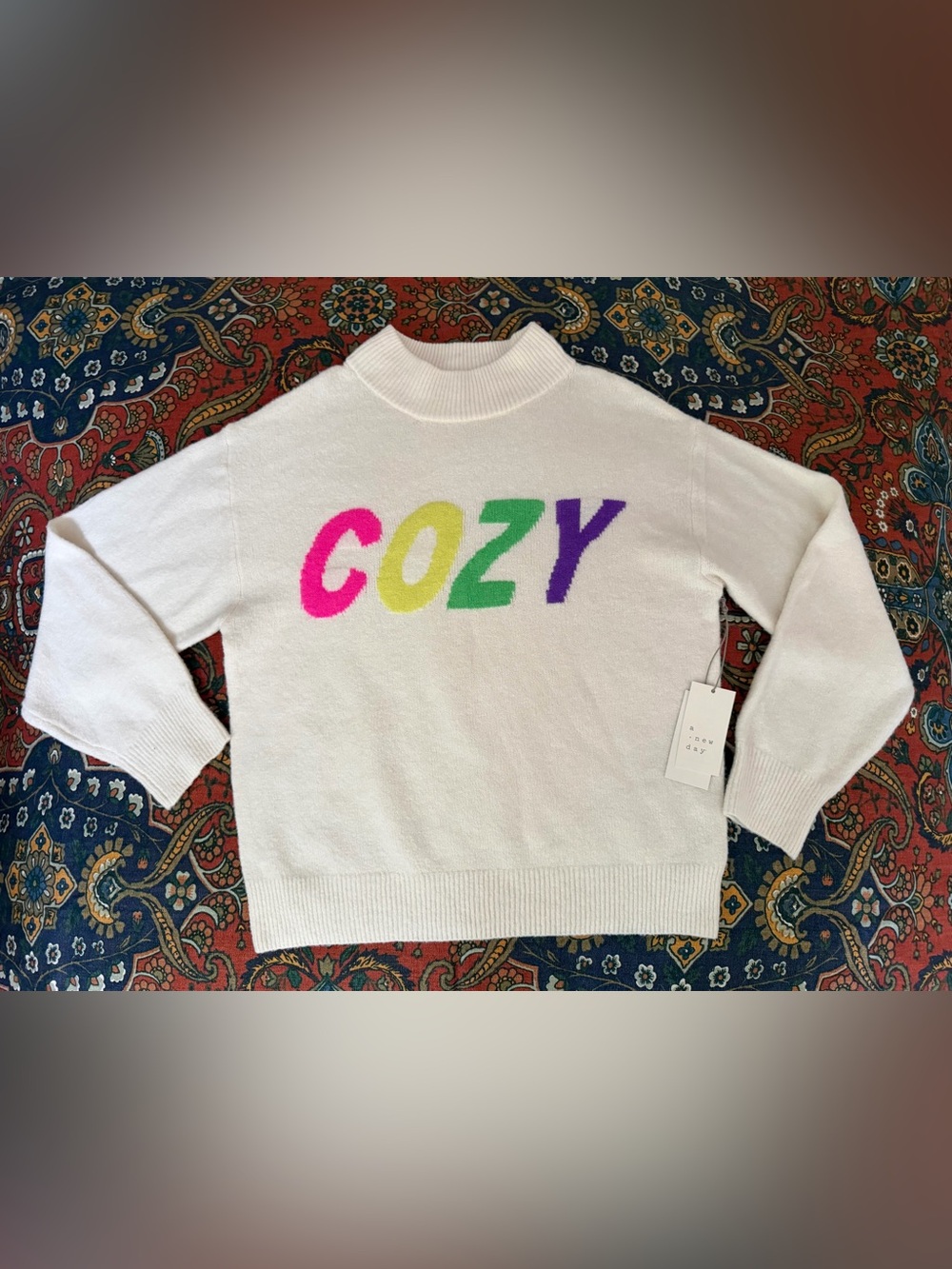 a new day White Mock Neck Sweater with Neon COZY Script
